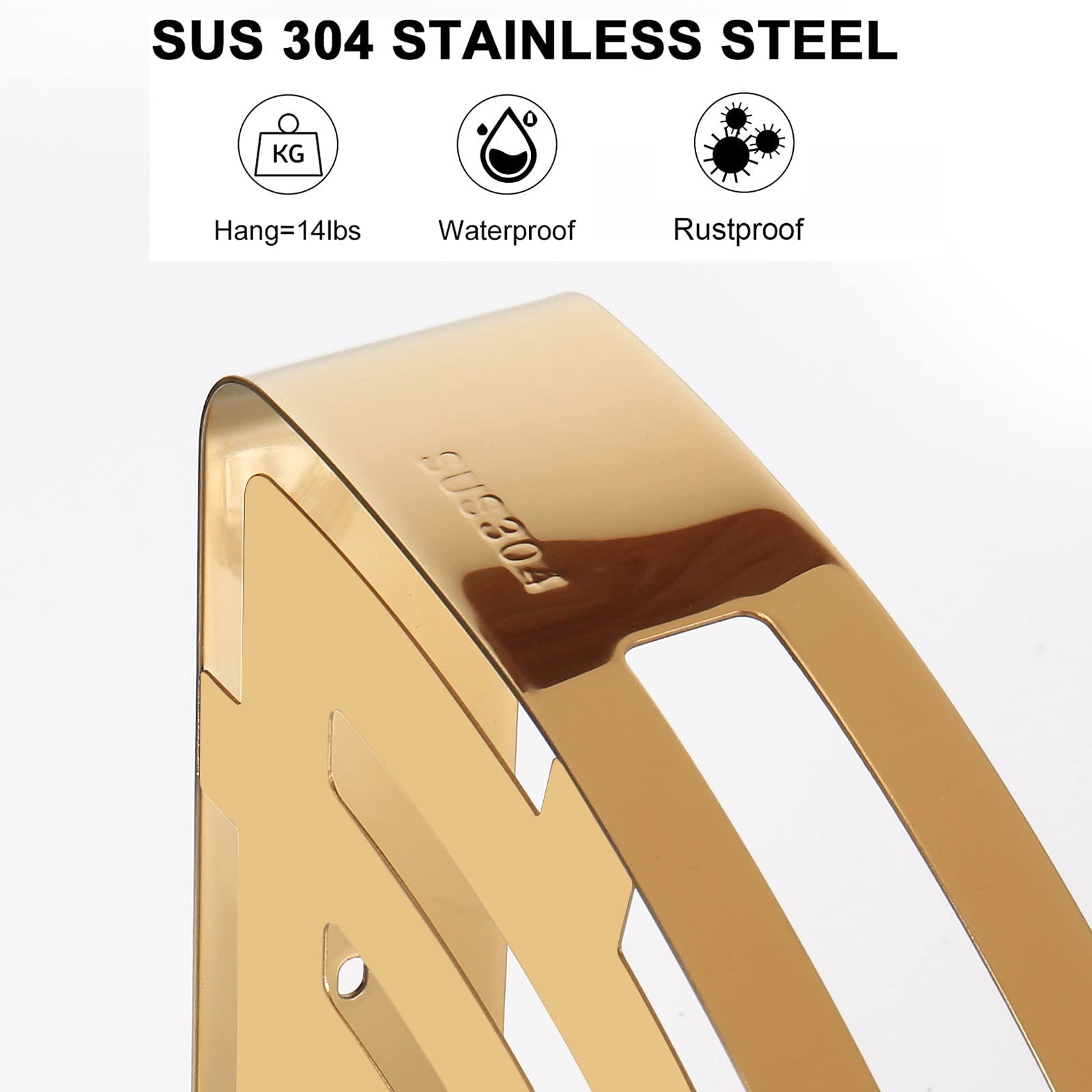 Nearmoon Bathroom Corner Shelf Shower Caddy 2 Pack, No Drill, 304 Stainless Steel, With Two Hooks (Chrome Gold)